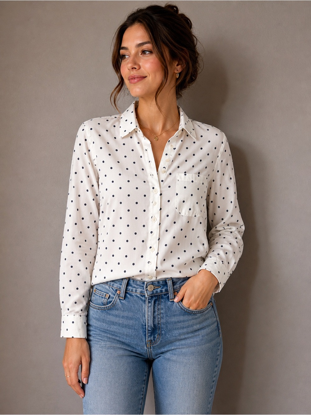 J. Crew Cream Button-Down Shirt with Navy Polka Dots